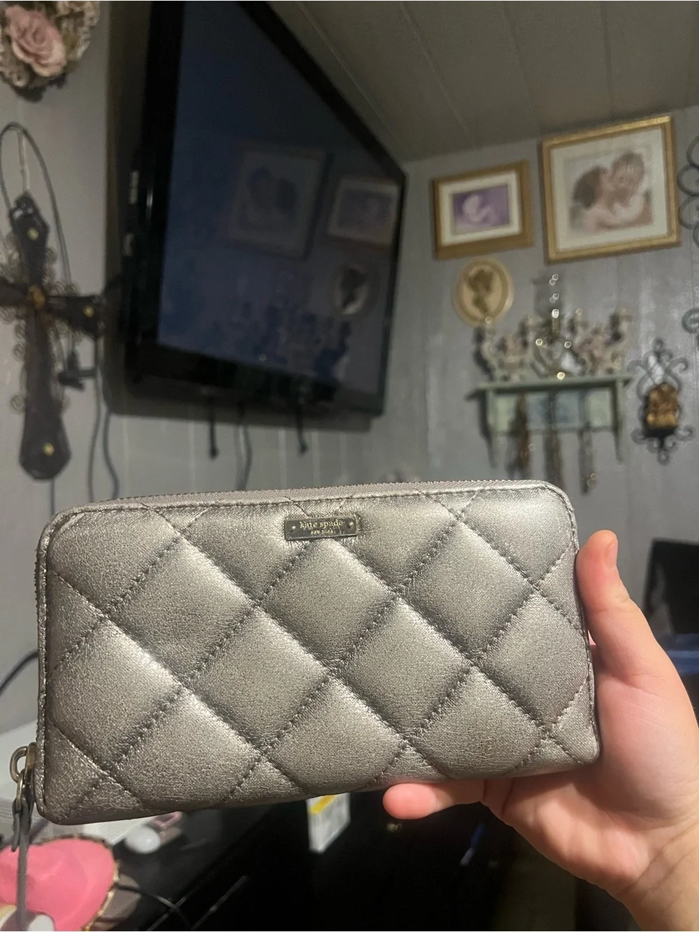 kate spade Quilted Metallic Wallet in Silver Gray